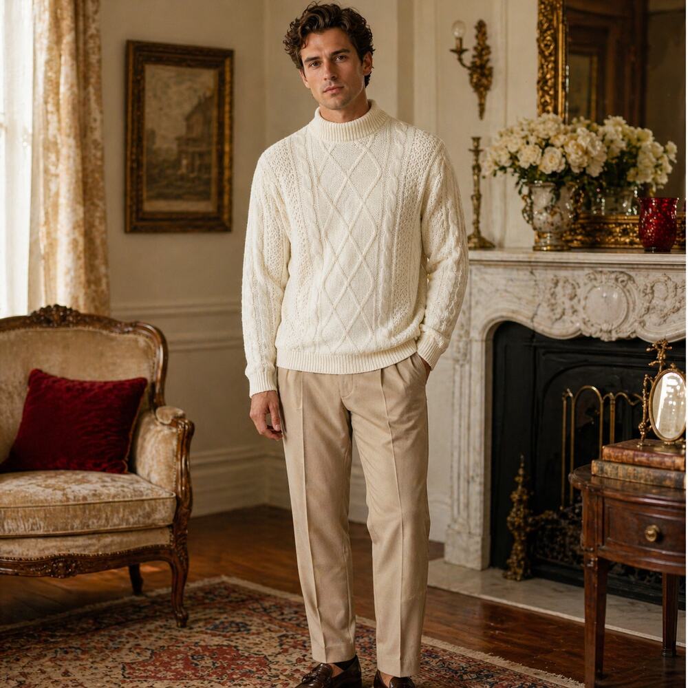 1950s Men’s Cream Vintage Cable Knit Sweater, Winter White Made in Japan - XL 42